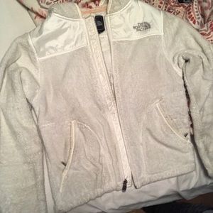 Girls white furry north face jacket